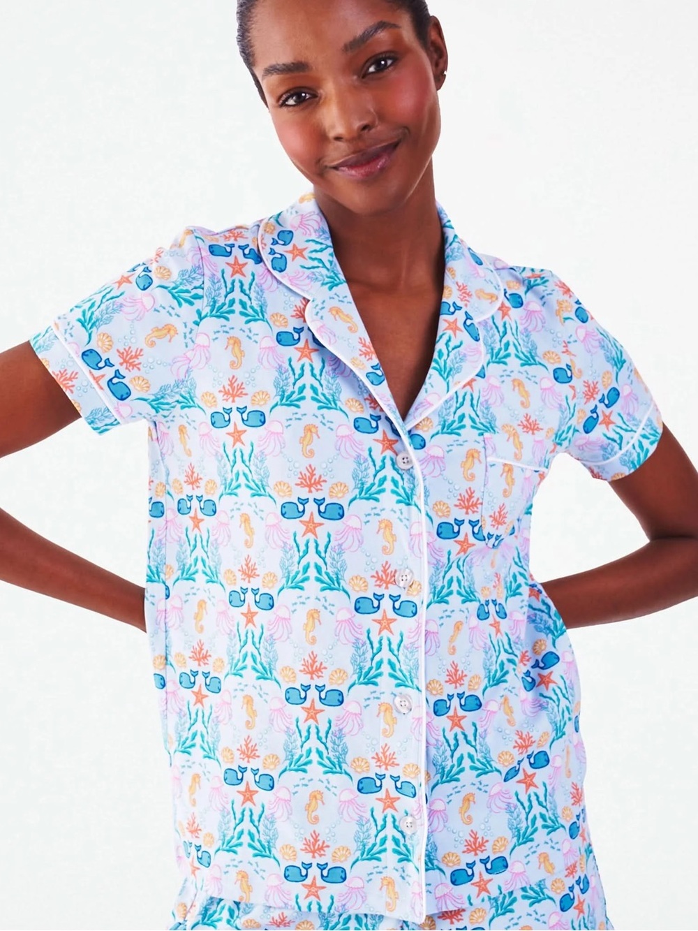 Roller Rabbit Under The Sea Polo Pajama Shirt Light Blue Print Short-Sleeve Lrg